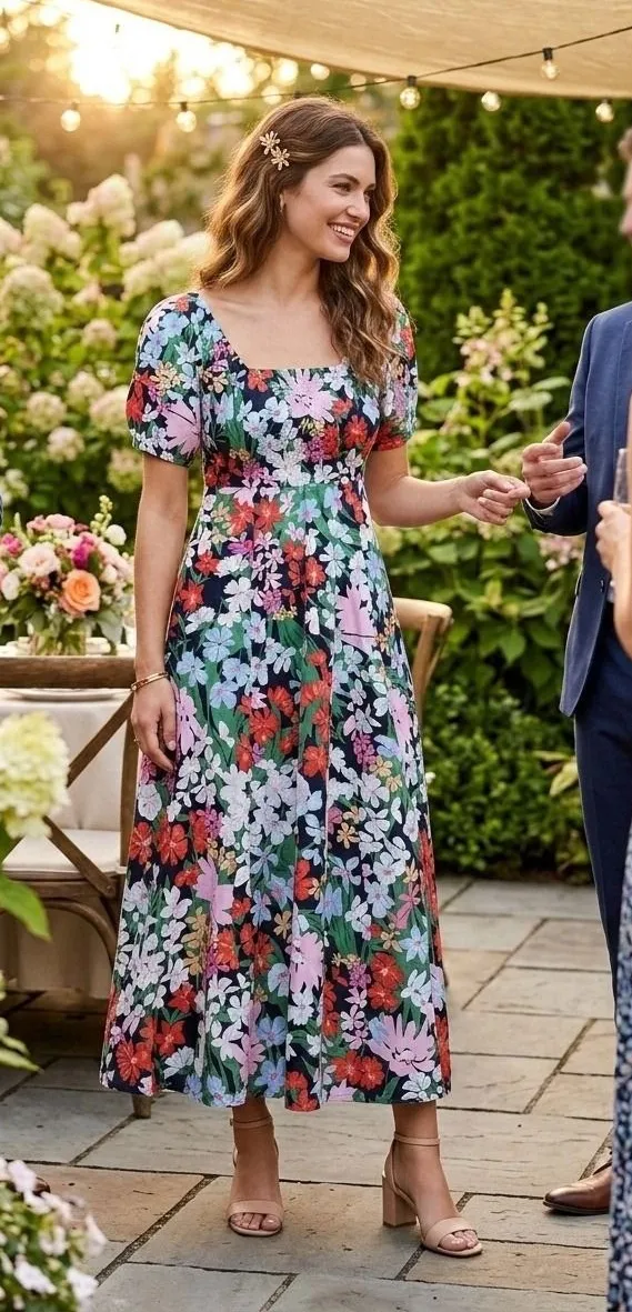 Old Navy Floral Puff Sleeve Midi Dress Blue Multi Smocked Back Pockets Medium