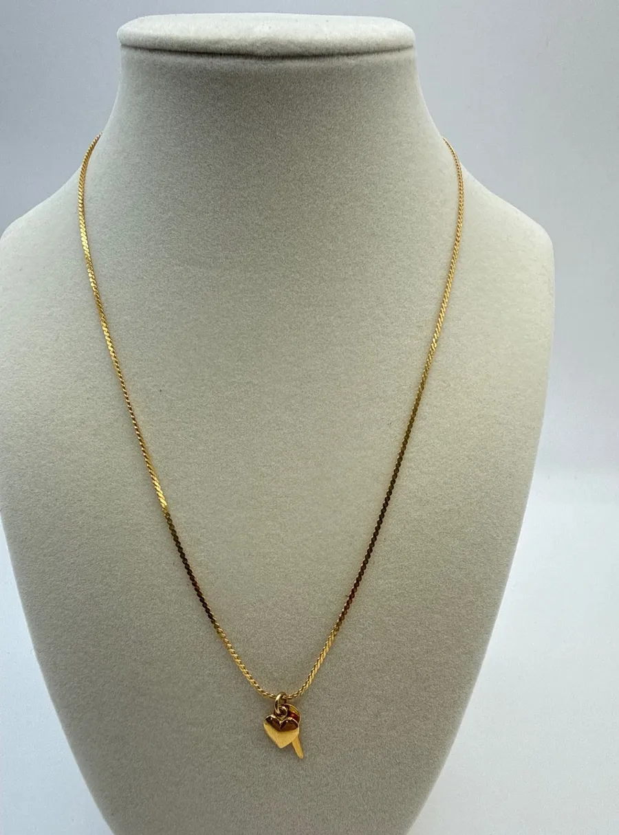 Gold Tone Heart and Key Pendant Necklace 18 Inch Flat Curb Chain