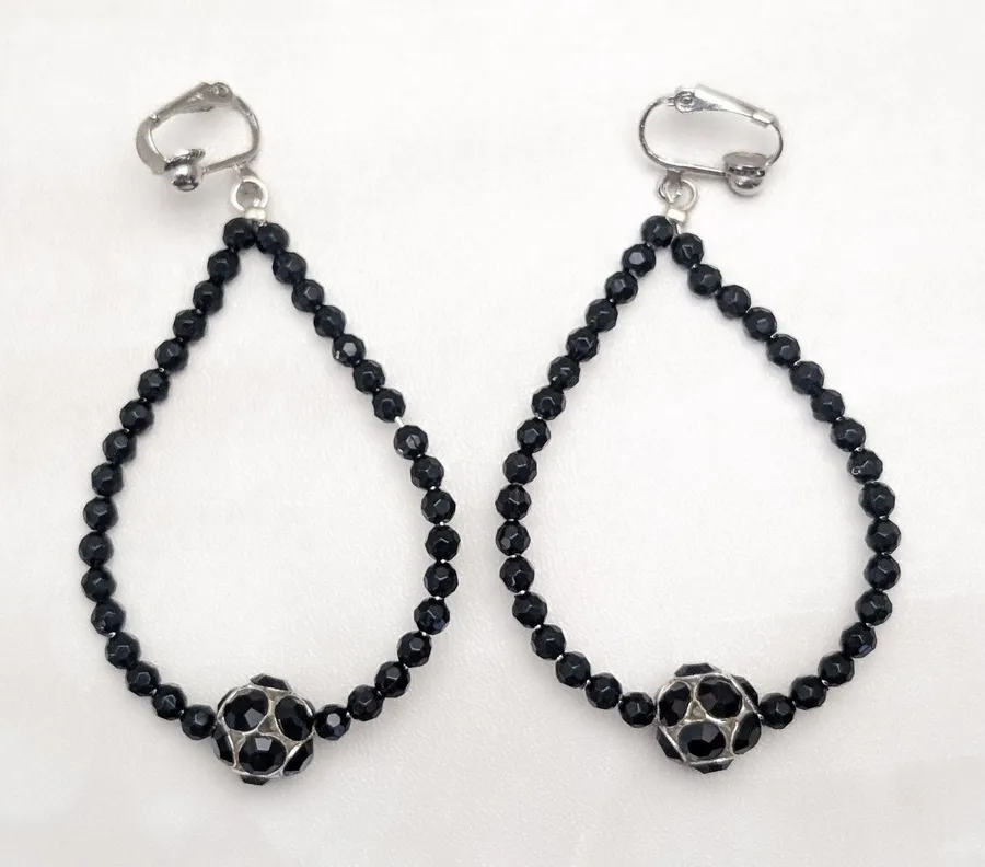 Vintage Clip On Earrings Extra Large Black & Silver Tone Drop Statement 3.25"