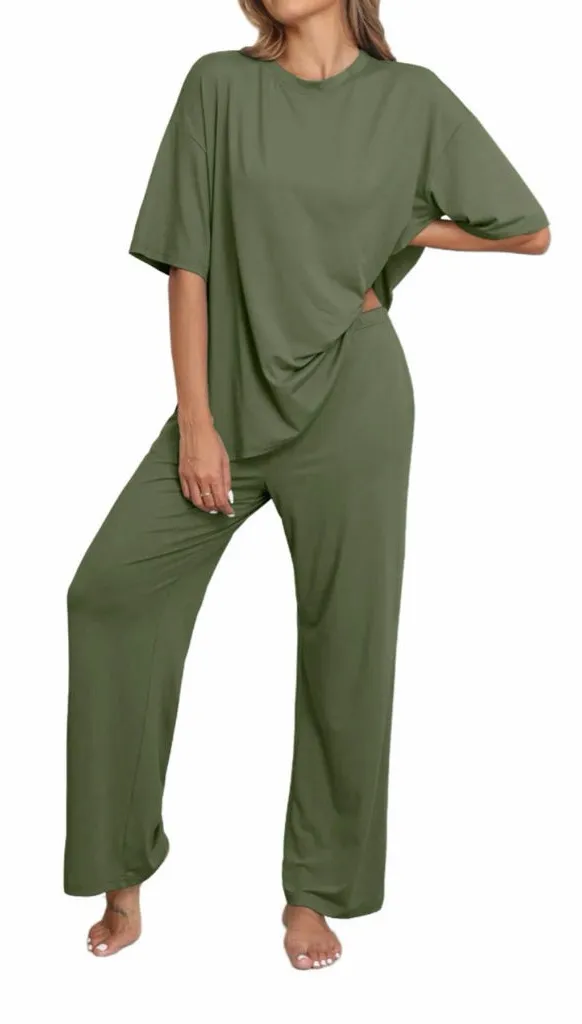 NEW Soft 2 Pc Lounge Set Pajamas Knit Short Sleeve Top & Long Pants M Green Size M
