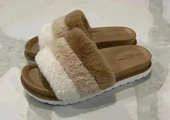 Chinese Laundry Treat Fluffy Slide Sandal in Beige Fur Colorblock Women’s Size 7