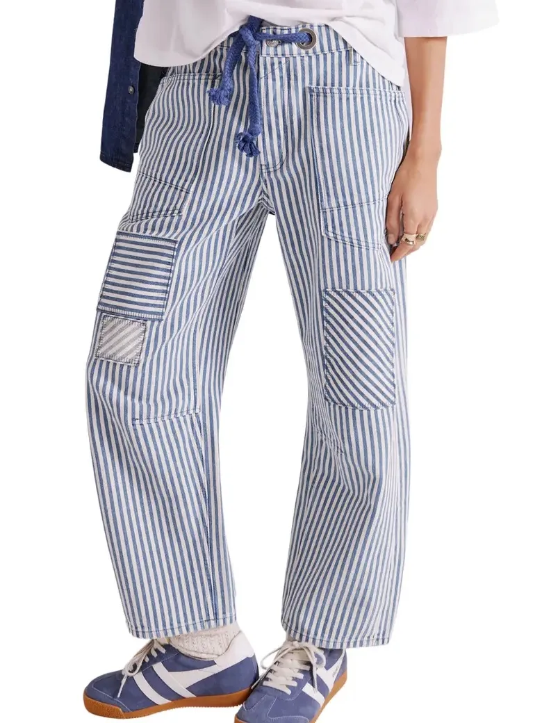 We The Free Moxie Pull-On Barrel Jeans Railroad Stripe Low Slung Baggy Size 31