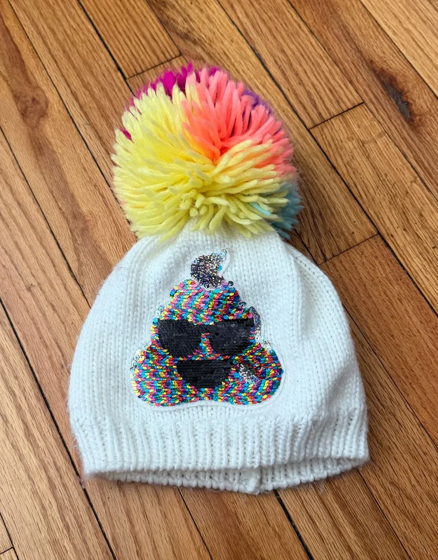 Place Emoji 💩 sequins fun colorful winter knit pom Pom Beanie White