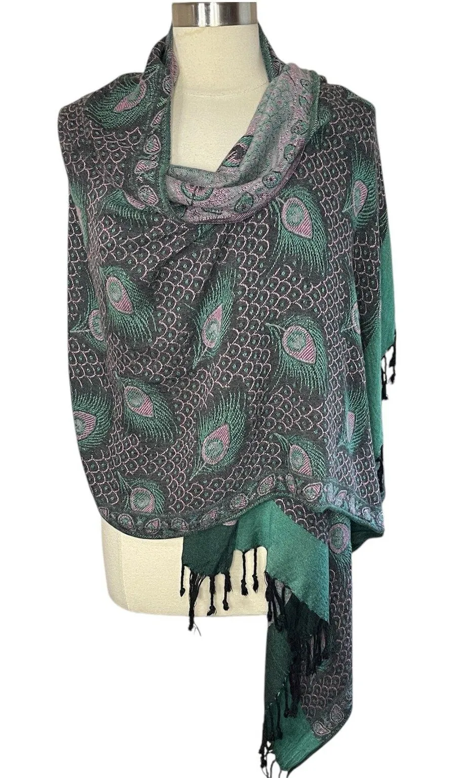 BOHEMIAN Peacock Feathers Print Pashmina, Black Green Pink