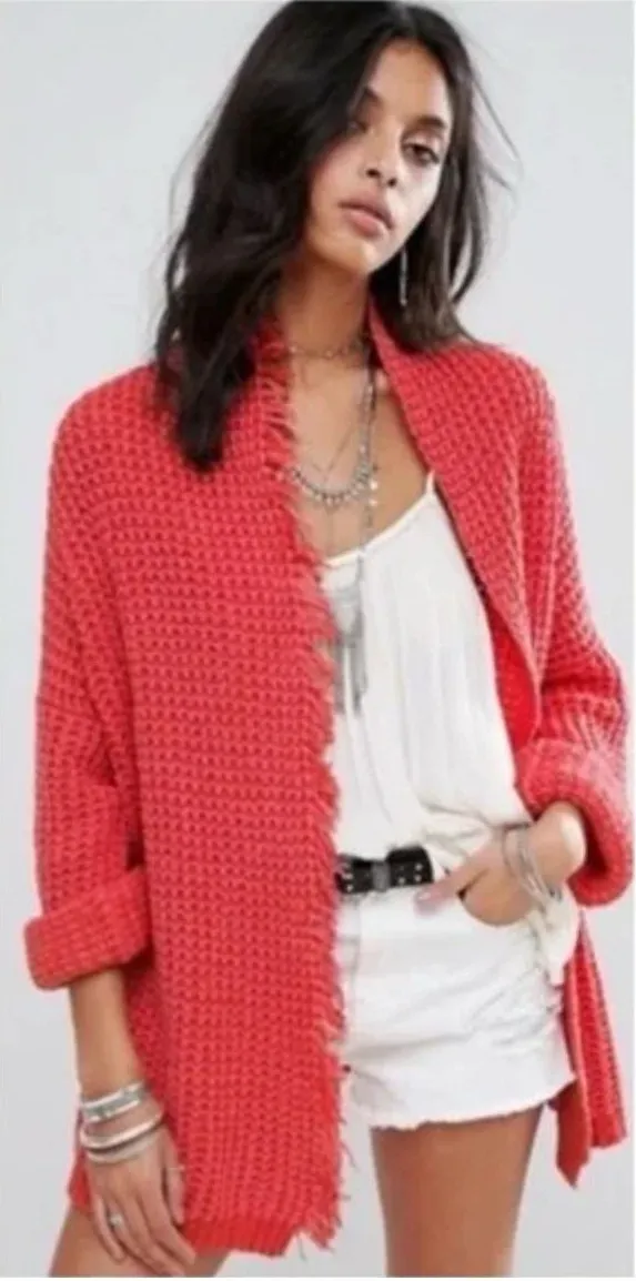 Free People I'll Be Around Silk Cotton Waffle Fringe Sweater Oversized Small