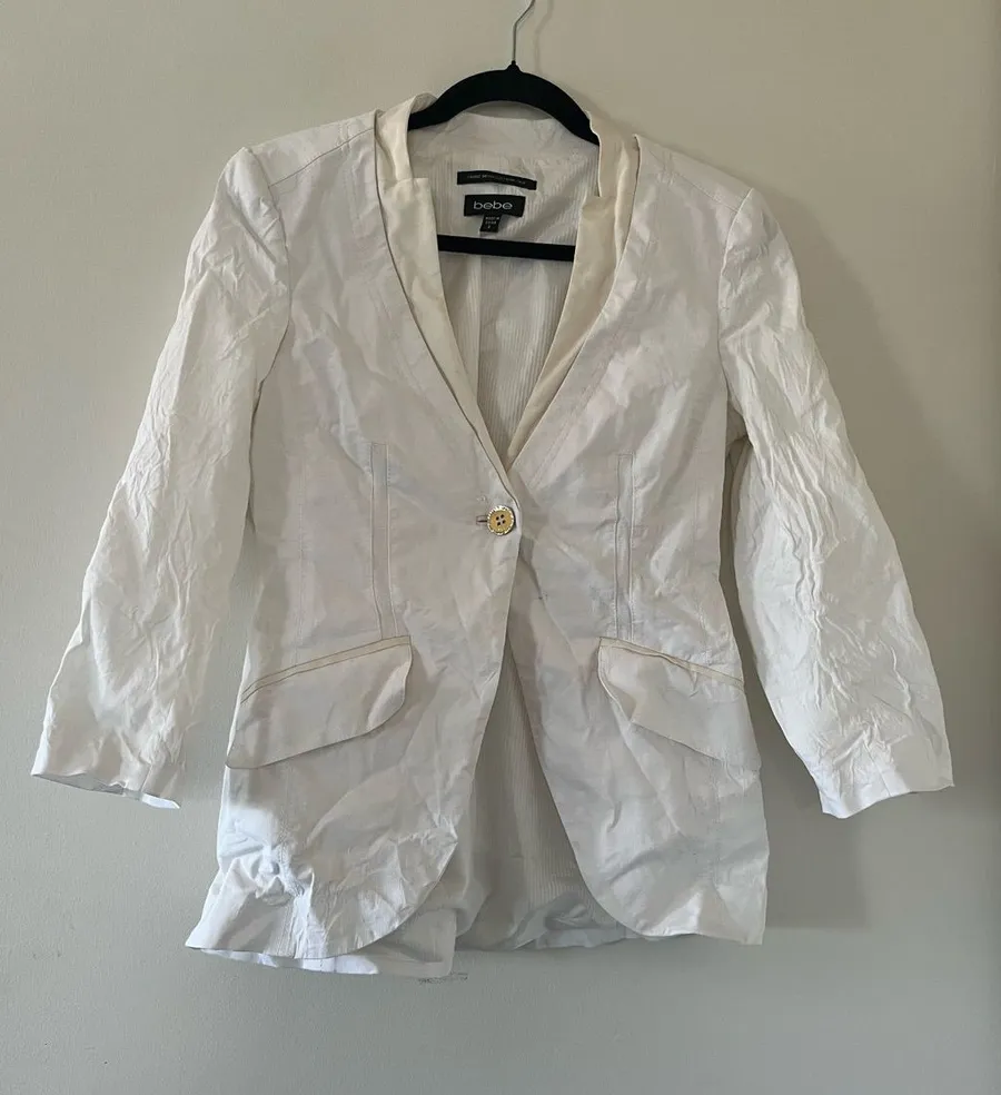 Bebe White Peplum Blazer 6 Jacket Gold Button Linen Blend Capsule Wardrobe