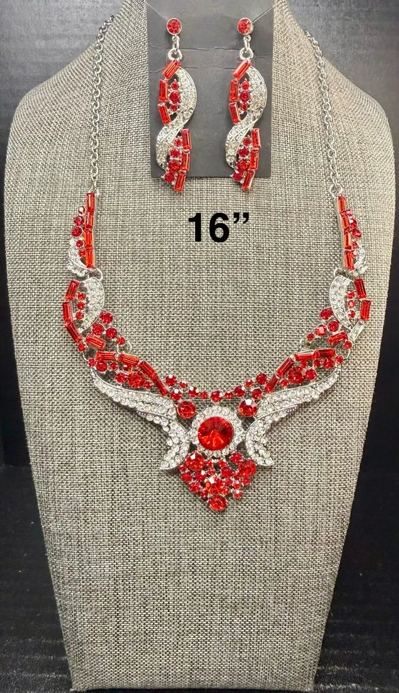 Red Crystal Statement Necklace and Earring Set