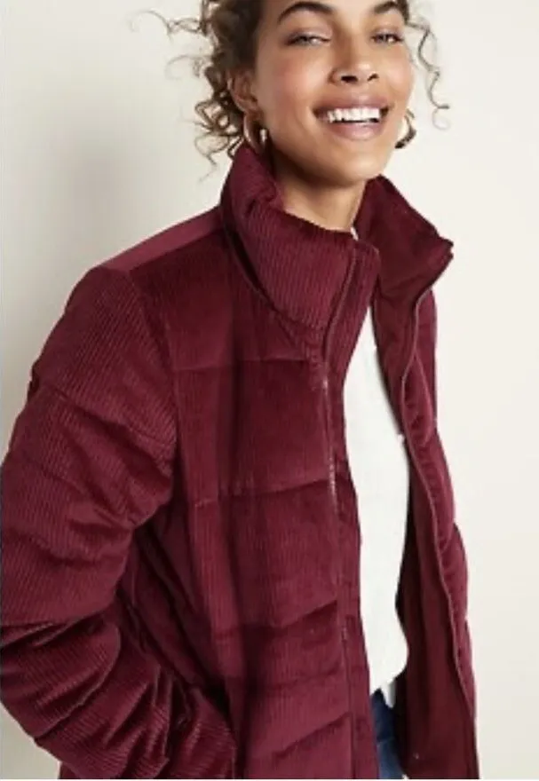 Old Navy Womens Corduroy Puffer Jacket Burgundy Maroon Fleece Lined Large