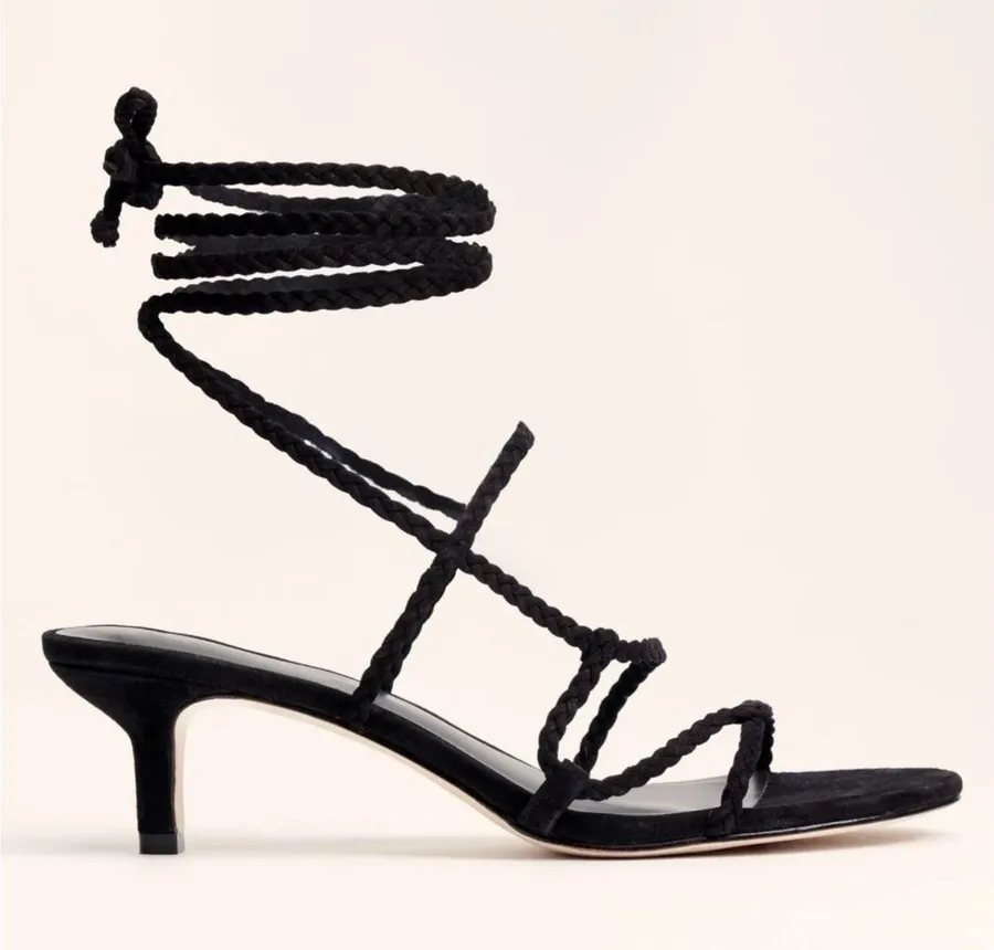 Reformation Porto Sandals Women’s Size 7.5M Black Suede Strappy Lace Up Heels