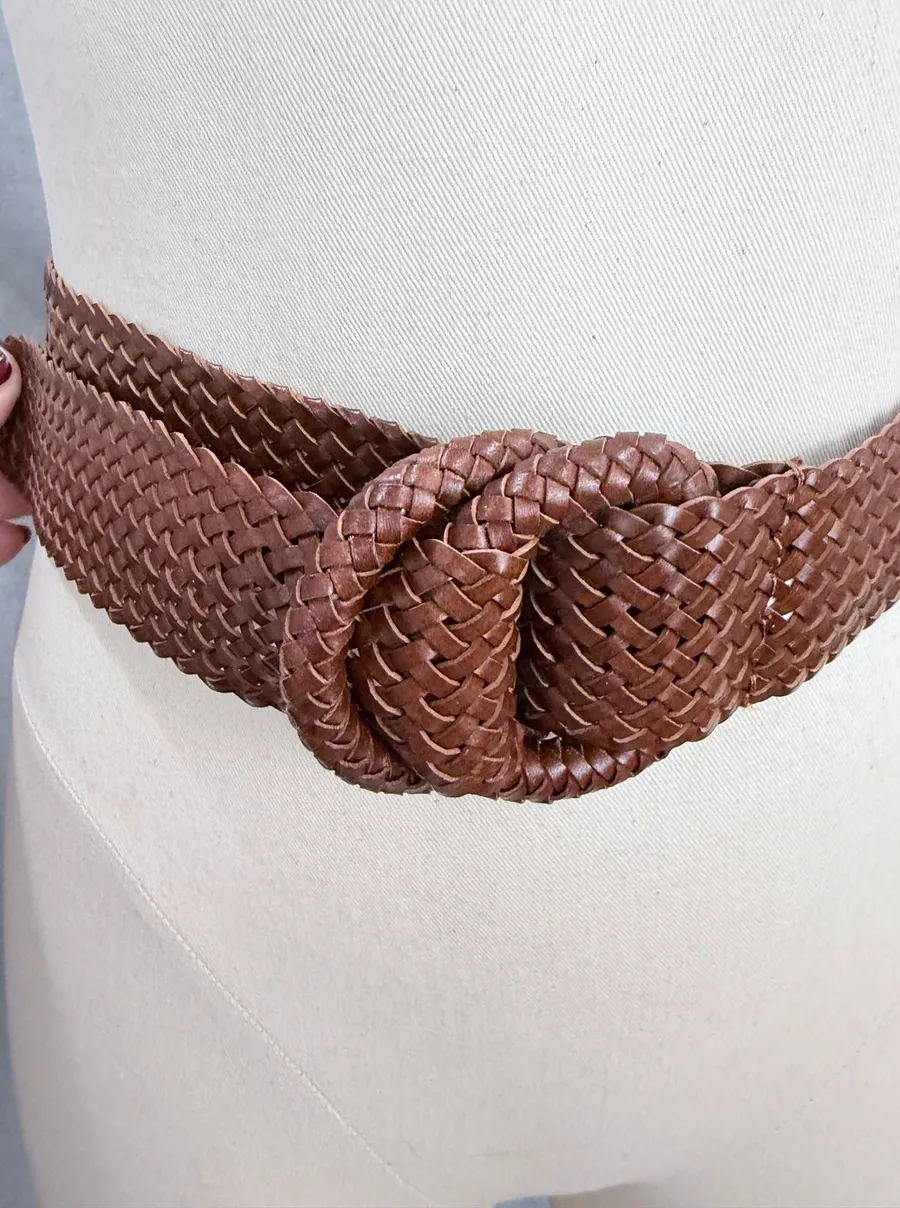 Ann Taylor Woven Faux Leather Wide Belt Double Ring Buckle Brown NWOT XS/S