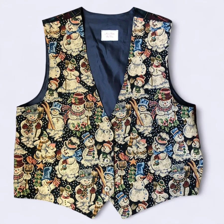 Vintage Granny Cottage core Tapestry Snowman Plaid Tartan Tie Back Christmas Vest Jacket Sleeveless All Over Pring #Grandmacore #festive #retro #preppy #Whimsy Measurement in pics Multiple Size XL
