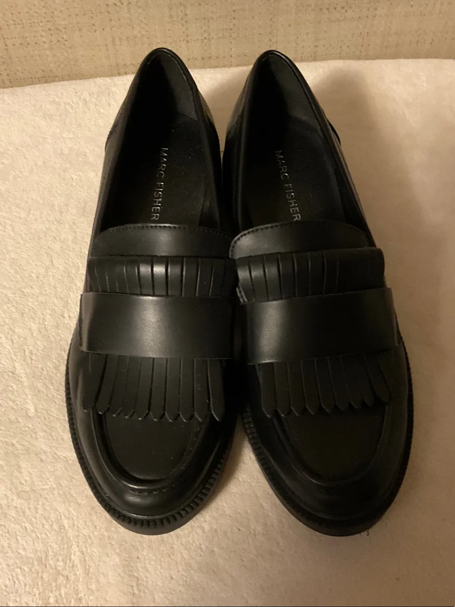 Marc Fisher Black Leather Kiltie Penny Loafers for Men