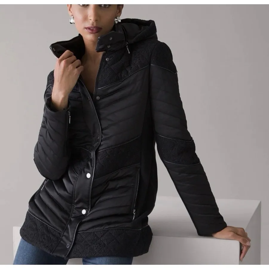 White House Black Market WKND Puffer Coat Medium Lace Accent Hooded Winter Warm