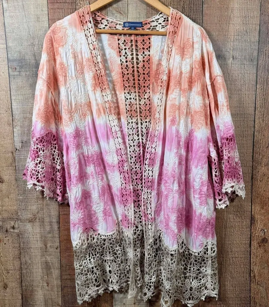 Democracy Tie Dye Crochet Kimono 1X Plus Boho Lace Duster Swim Cover Up