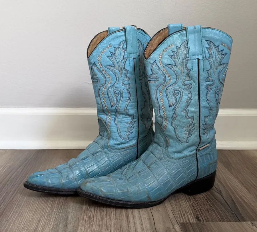 Vintage Jhon Davis Blue Alligator Embossed Leather Western Cowboy Boots Mexico Size 5.5