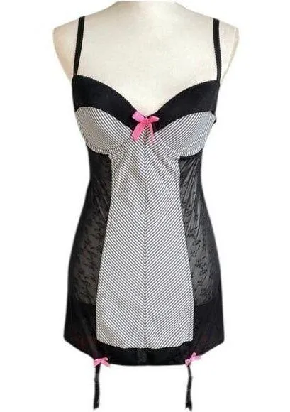 Victoria's secret sexy garter slip black lace with white and pink bows M