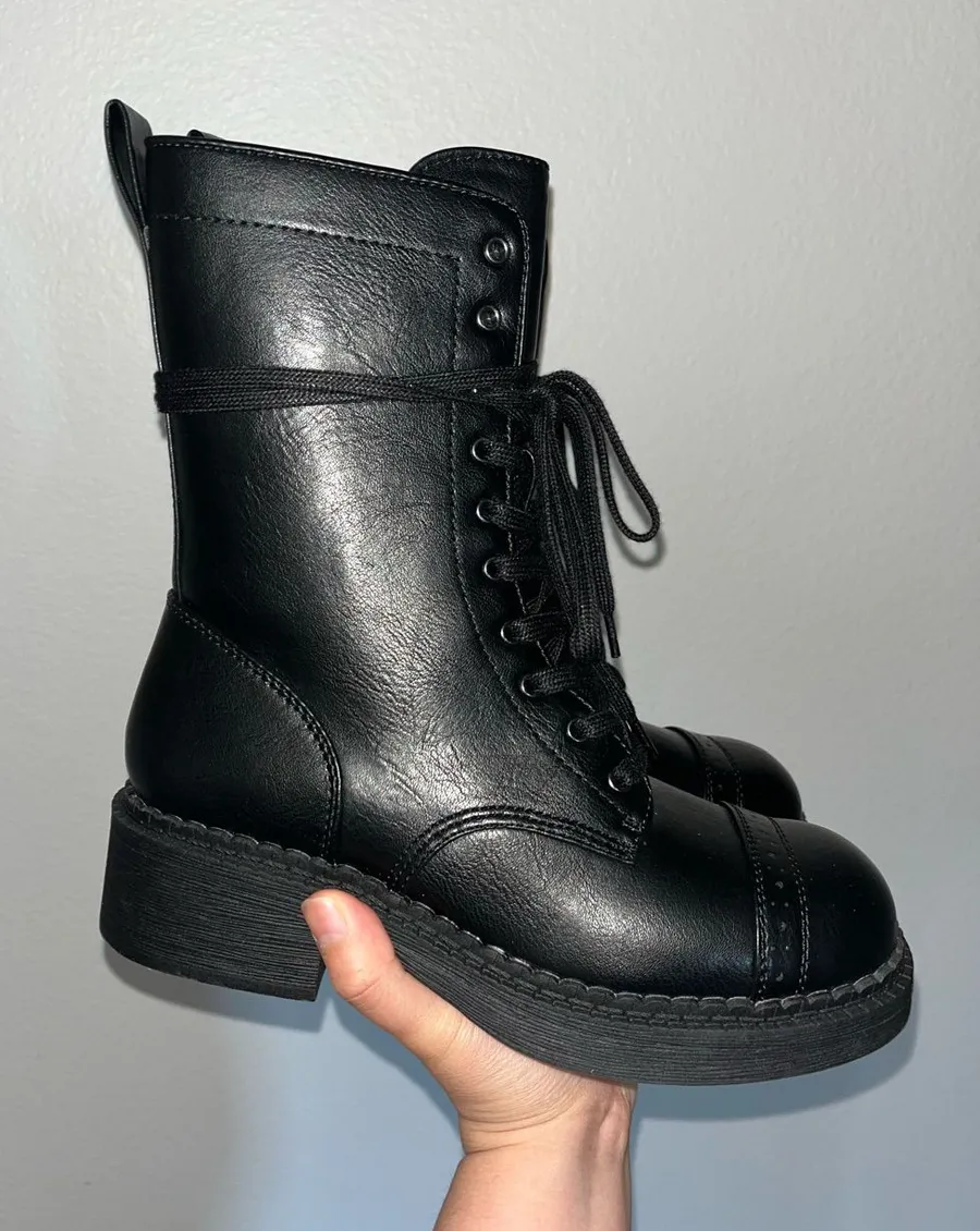 wild fable Black Lace-Up Combat Boots with Chunky Heel