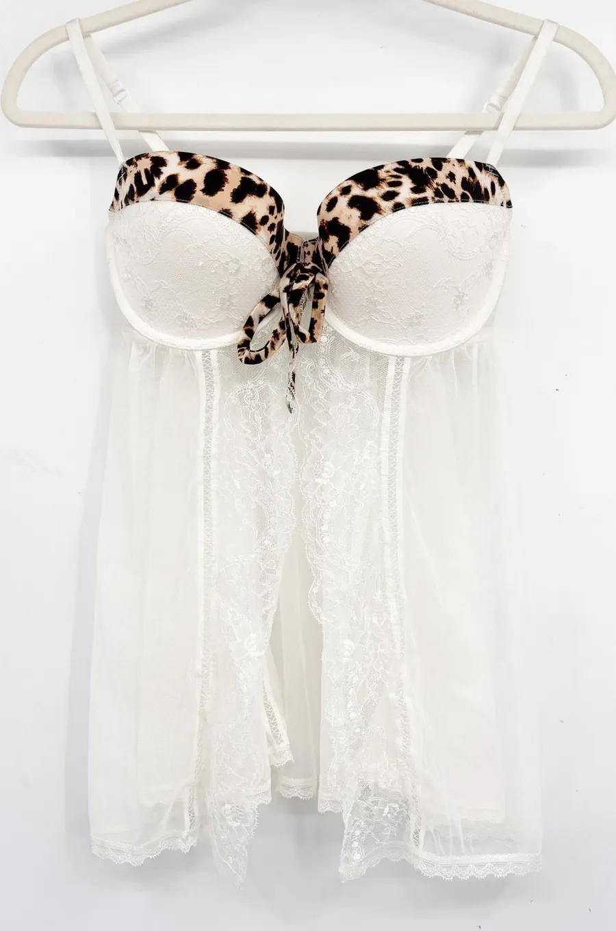 Victorias Secret Womens Leopard Lace Trim Coquette Glam Babydoll Top Size 34D