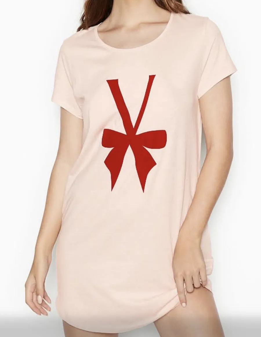 Victoria’s Secret Short Sleeve Night Shirt Light Pink With Red Velour Bow Sz XL