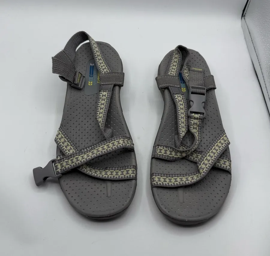 Skechers Reggae Outdoor Lifestyle Womens Sandals Size 9 Gray with yellow trim
