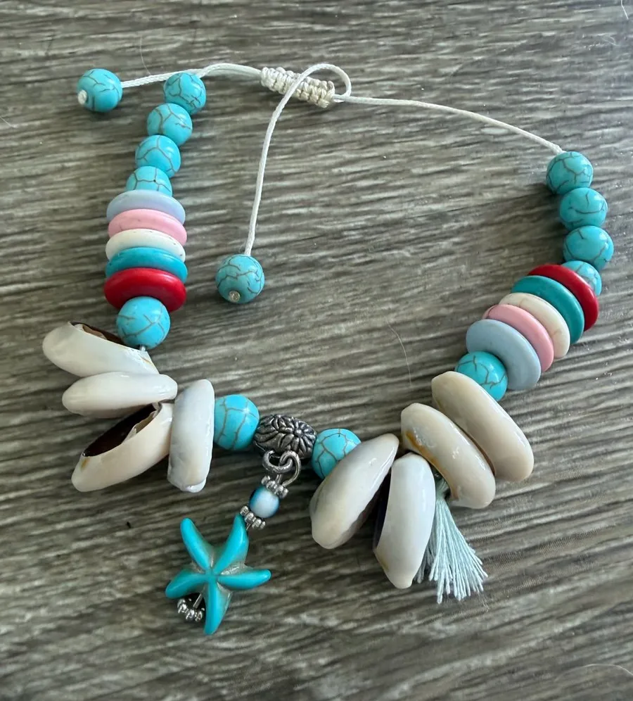 Cowrie puka shell beach ocean boho ankle wrist bracelet turquoise colorful beads Blue