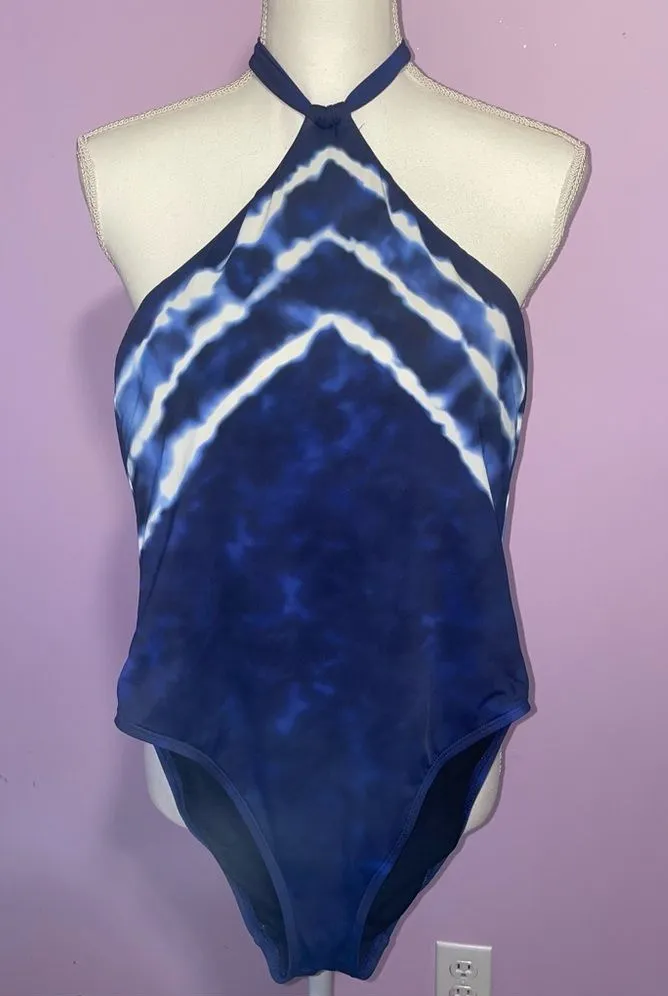Lauren Ralph Lauren Shoreline Stripe Halter High Neck One-Piece Swimsuit Women M