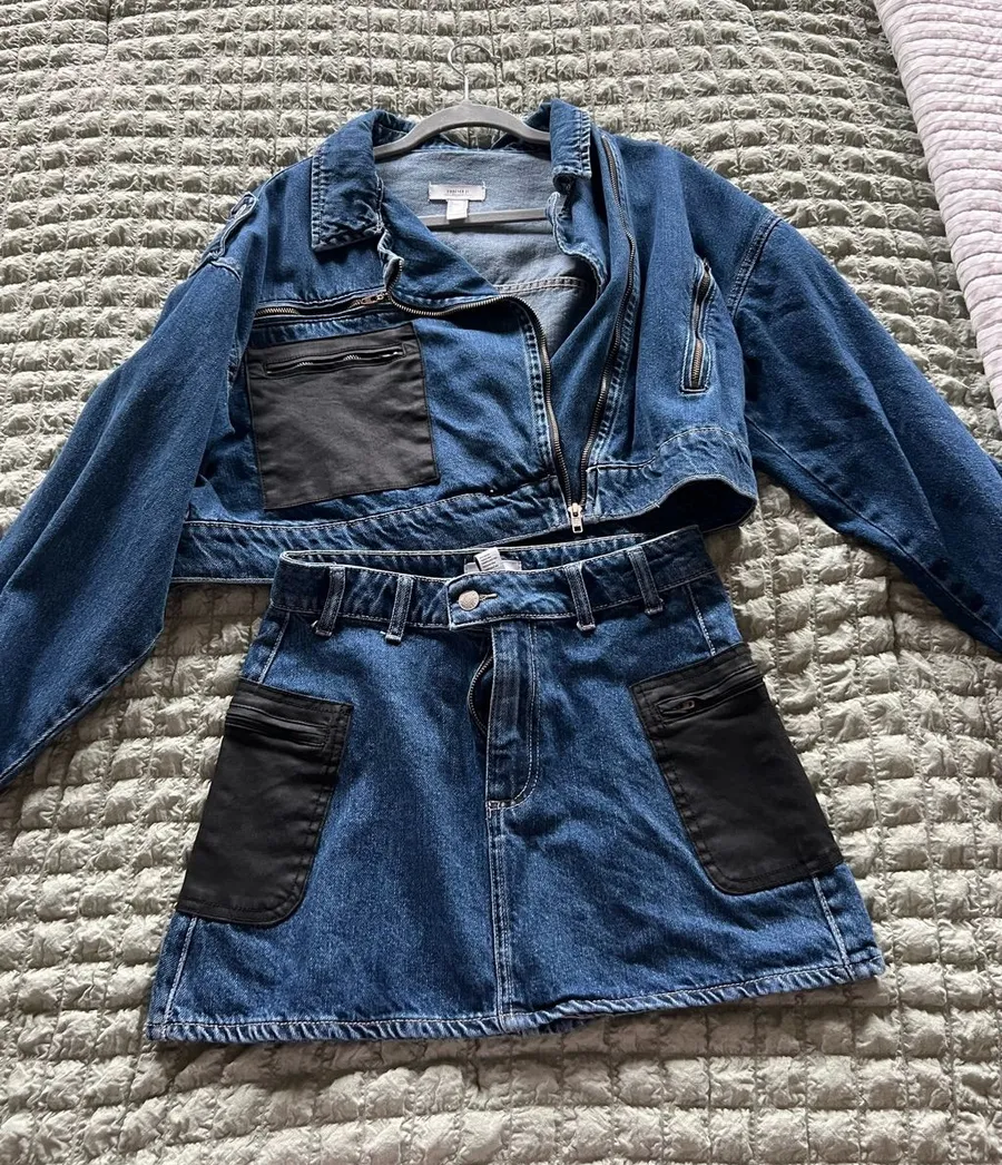 Forever 21 Dark Blue Denim Jacket & Skirt Set with Black Patch Pockets