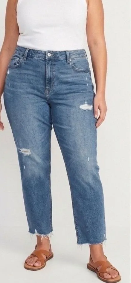 Old Navy Mid-Rise Medium Rinse Boyfriend Denim Distressed Raw Hem Jeans Plus 18