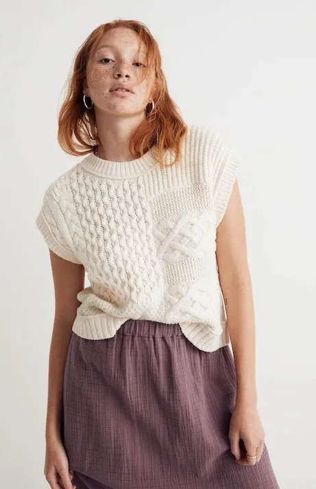 Madewell Ivory Patchwork Sleevless Cable Knit Patchwork Sweater Vest Size Small