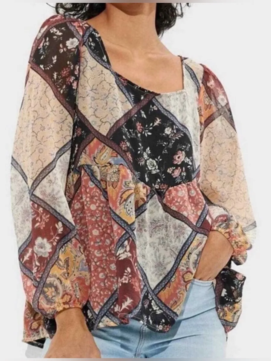 American Eagle Patchwork Floral Tie Back Long Sleeve Blouse NWT Black Size L