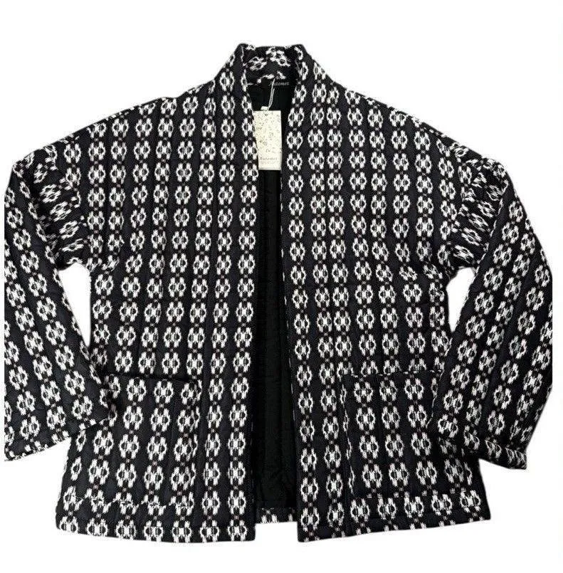 NWT Automet Quilted Open Front Jacket Black White Ikat Small Boho