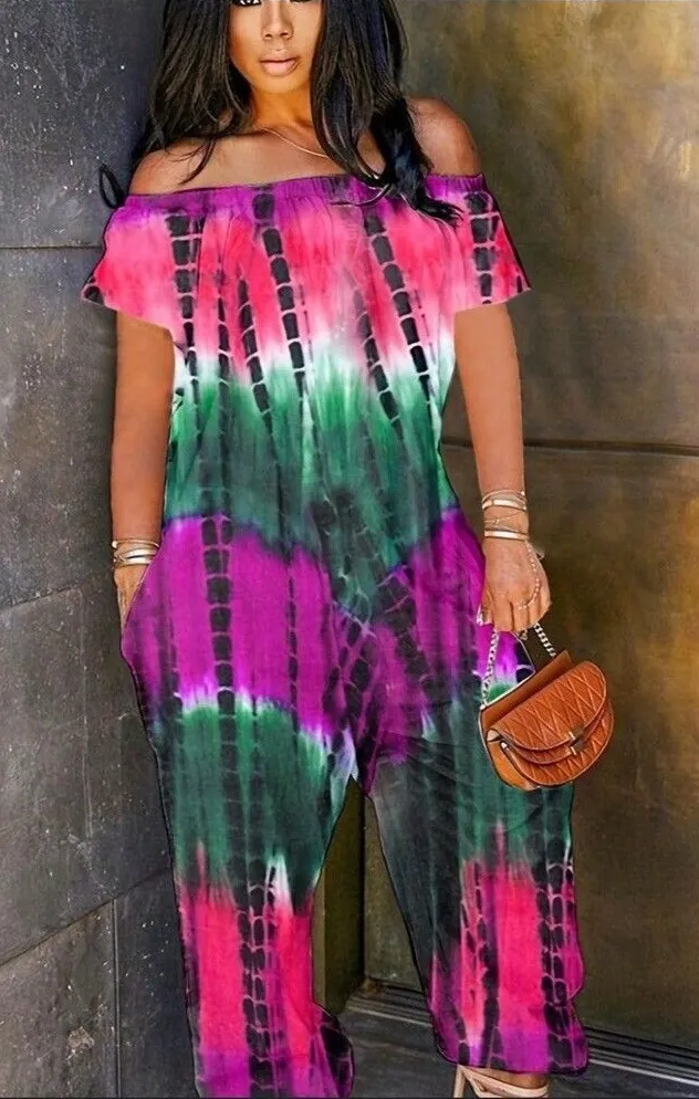 Tie Dye Off the Shoulder Jumpsuit with Pockets, Casual Polyester Large