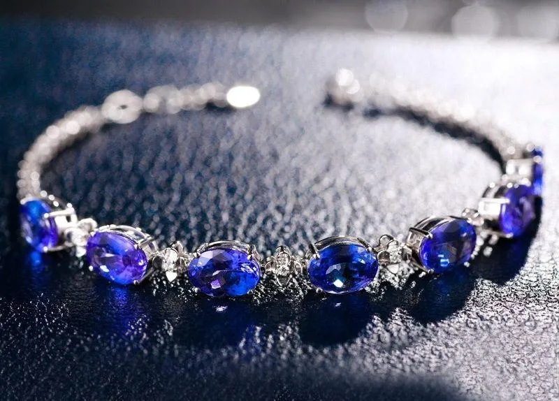 18K White Gold Plated Adjustable Artificial Sapphire Charm Bracelet for Women Blue