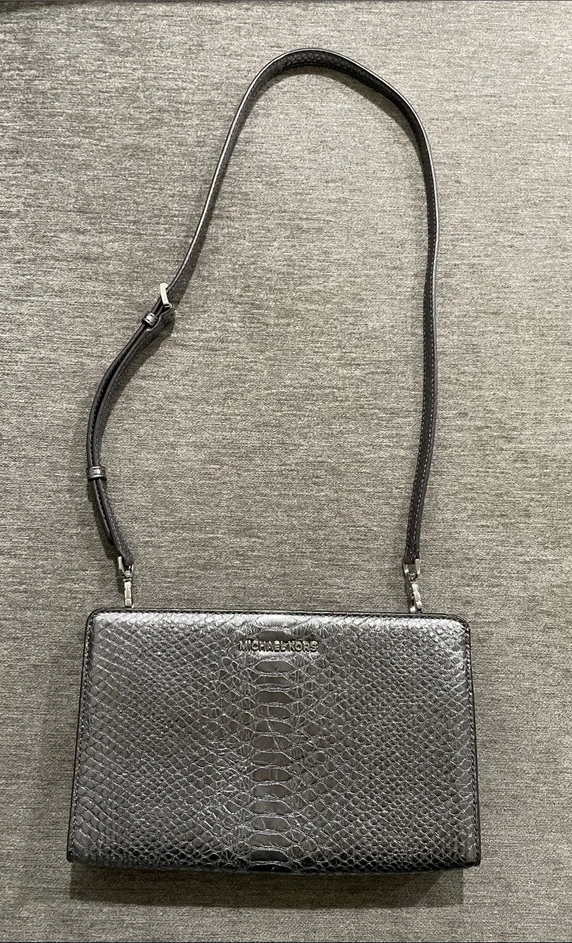 Michael Kors Embossed Leather Large Crossbody Clutch Bag- Pewter