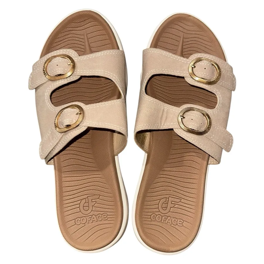 COFACE Slide Sandals Womens 8.5 Beige Comfort Double Strap Buckle Tan
