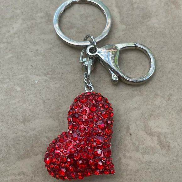 Red Puffy Lopsided Crystal Heart Key Chain Purse Charm