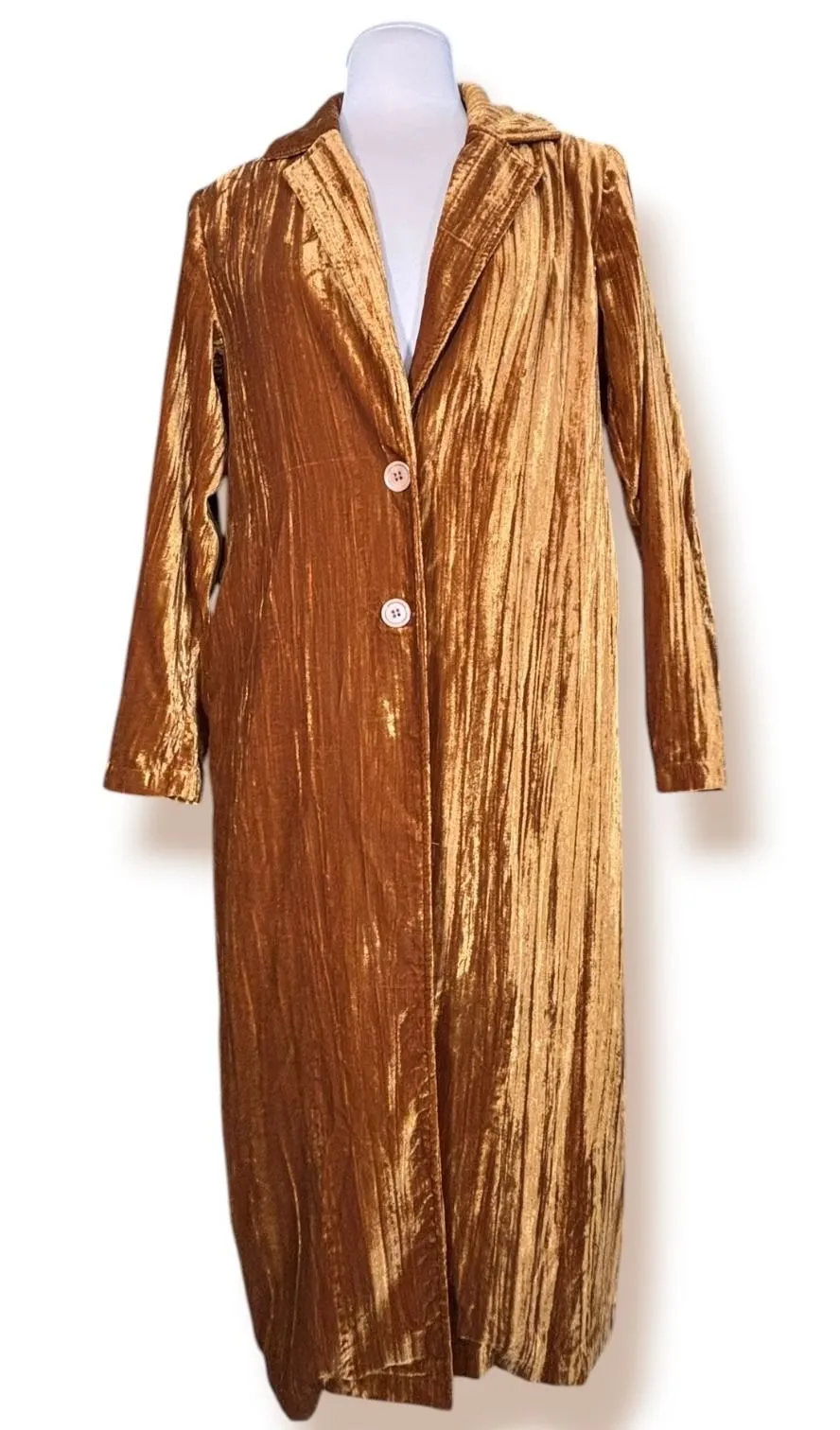 Easel Los Angeles Gold Crushed Velvet Duster Coat Longline Jacket Boho Glam