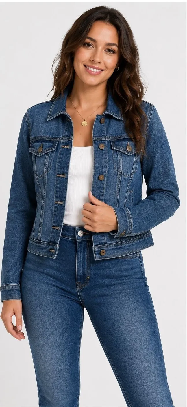 Style & Co Women’s Denim Jacket Size L Blue Stretch Jean Trucker Jacket Size L