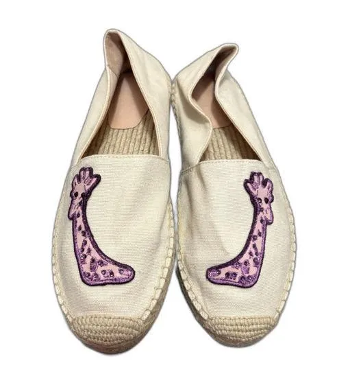 Kate Spade Garden Giraffe Espadrilles Cream Canvas Pink Novelty Applique Size 8B