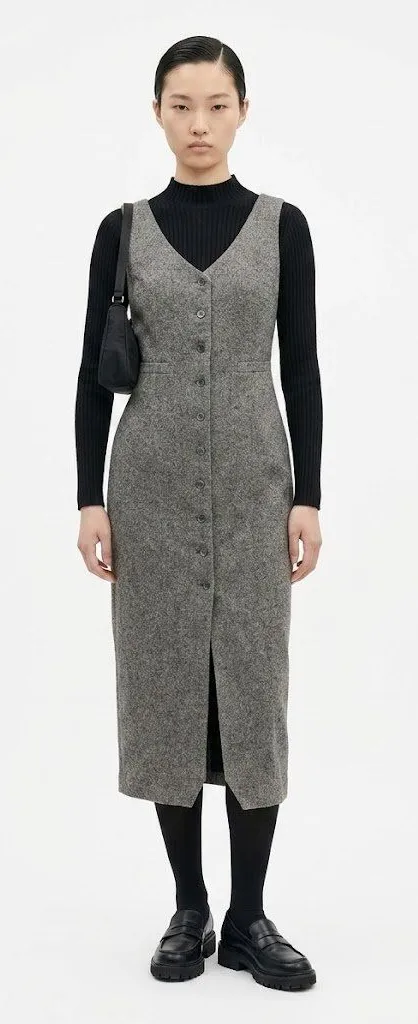 Vintage 90s Esprit Wool Blend Tweed Button Front Jumper Maxi Dress Size L