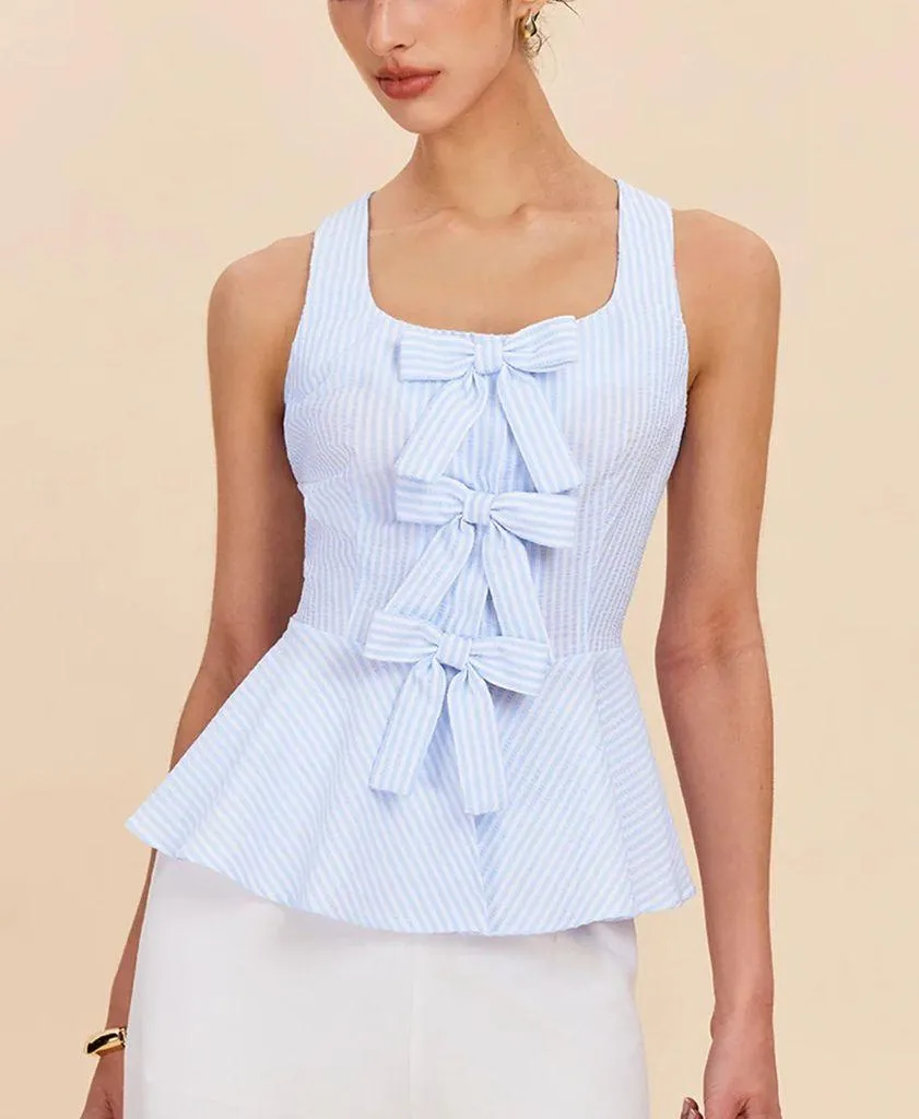 Commense Striped Peplum Top With Bow Details XS White