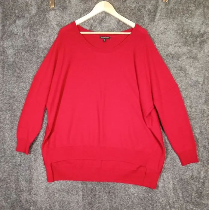 Eileen Fisher Red Relaxed Knit Sweater Top Merino Wool Oversized Womens MEDIUM