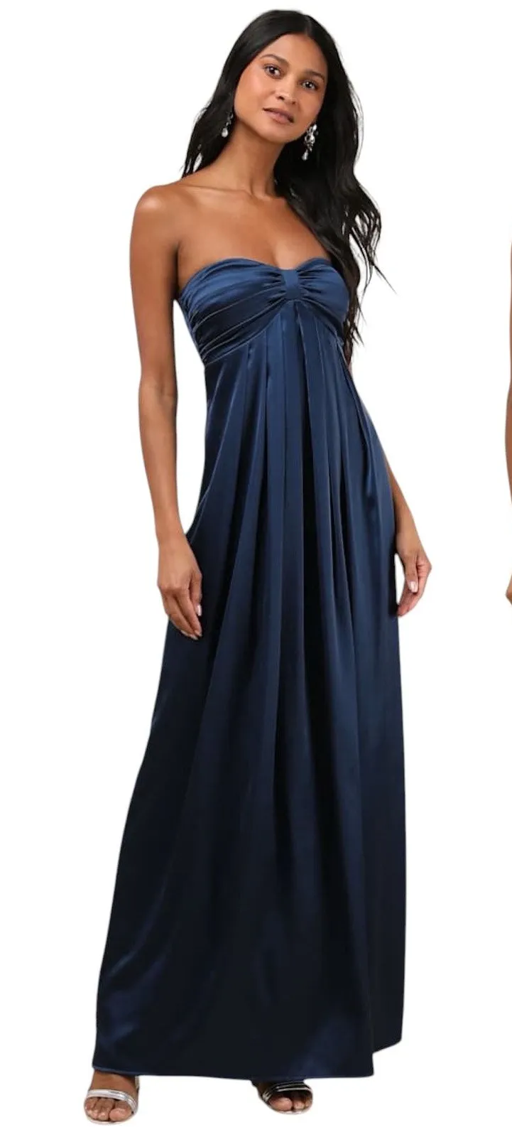 Lulus Memorable Entrance Dark Blue Strapless Satin Maxi Dress size M