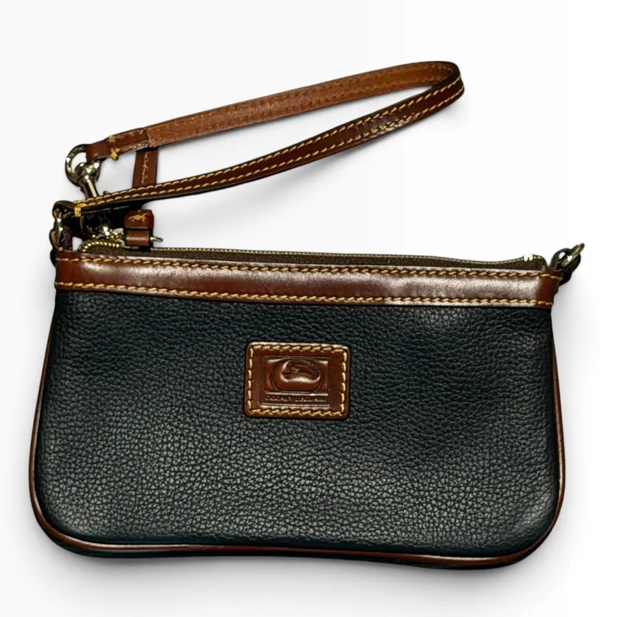 Dooney & Bourke Black Pebbled Leather Wristlet Clutch Brown Trim Purse Slim