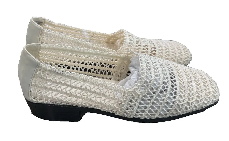 Vintage 90s Karen Scott Woven Mesh Ballet Flats Cream Stretch Loafers 7.5W NIB Tan Size 7.5