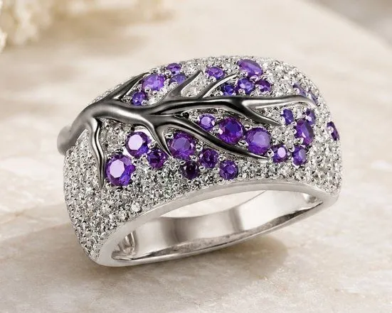Sterling Silver Tree Branch Purple Clear CZ Statement Ring 925 SZ 5 NWT