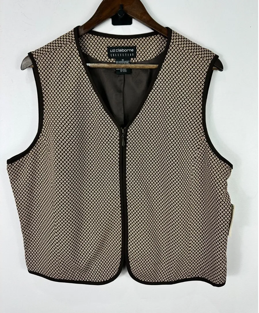 Vintage Liz Claiborne Collection Geometric Zip Vest Brown Tan Cream Size 16 NWT