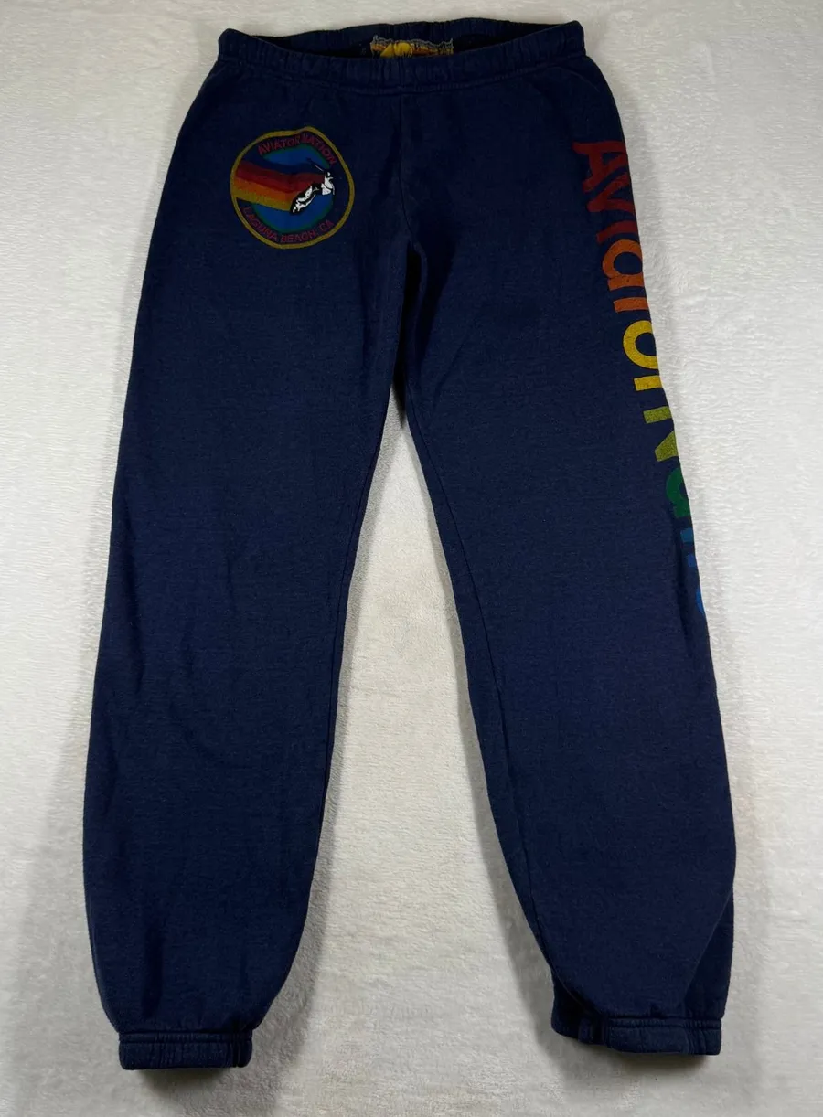 Aviator Nation Navy Blue Rainbow Logo Graphic Sweatpants Size Medium