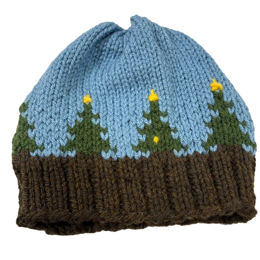 Vintage Handmade Knit Beanie Winter Tree Star Landscape Blue Brown Hat Womens