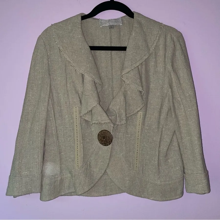 Emil Rutenberg Size S Tan Linen Blazer Jacket Ruffle Collar Artsy Lagenlook